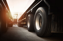 Big Semi Trailer Truck Wheels Tires. Rubber, Wheel Tyres. Freight Trucks Transport Logistics.	