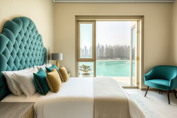 Sticker - United Arab Emirates' Dubai Dubai's Palm Jumeirah beachfront luxury villa or home's bedroom on March 3, 2020. Generative AI