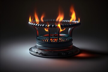 Wall Mural -  a stove with flames burning inside of it on a black background with a shadow of the stove on the floor and a black background with a red light on the bottom of the burner. Generative AI