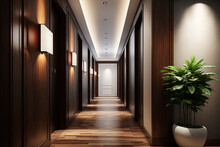 Modern, Luxurious Hotel Corridor With Wood And Tile. Generative AI