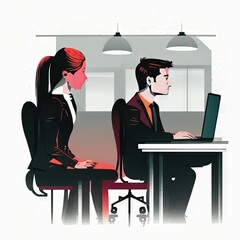 Poster -  a man and woman sitting at a table with a laptop computer in front of them, both looking at each other, in a room with a window and a light above them, and a. Generative AI