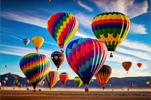  A Bunch Of Hot Air Balloons Flying In The Sky Over A Desert Area With Mountains In The Background And A Blue Sky With Clouds Above Them, With A Few Clouds, And A Few.