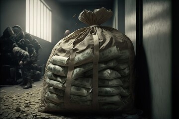  a bag of money sitting on the floor in a hallway with a group of soldiers behind it and a person sitting on the floor in the doorway behind the bag of money, with a. Generative AI