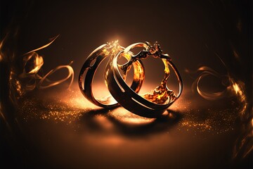  a couple of rings sitting on top of a table next to a fire effect background with a sparkle effect around them and a sparkle effect on the ground behind them, with a dark background. Generative AI