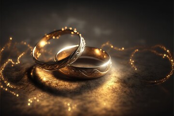 Wall Mural -  two gold wedding rings sitting on top of a table next to a string of lights and a string of string of lights behind them on a black background with a gold sparkle and a black. Generative AI