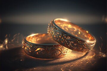 Wall Mural -  two gold wedding rings sitting on top of a table next to each other on a table top with a black background and a gold background with a light shining on the surface and a few. Generative AI