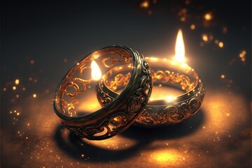 Wall Mural -  two gold rings with a candle in the middle of them on a table with a gold background and a sparkle of light behind them, with a sparkle of light on the floor, with a. Generative AI