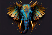 Elephant Head Fokus In Camera Ethnic Painting With Feathers