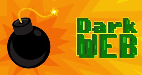 Poster - Cartoon Black Bomb with Dark Web text. Explosive dancing on yellow blast background.