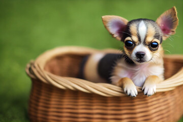 Wall Mural - cute chihuahua puppy in a wicker basket on the green grass in the park, generative AI