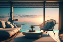 Interior Of A Beach Lounge With A Sea View For The Summer And On Vacation. Generative AI
