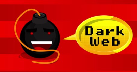 Poster - Cartoon Black Bomb with smiling face and Dark Web text in yellow speech bubble on red background.