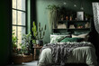 © The 2R Artificiality - interior a bedroom decorated in green bohemian style with plants. Generative AI