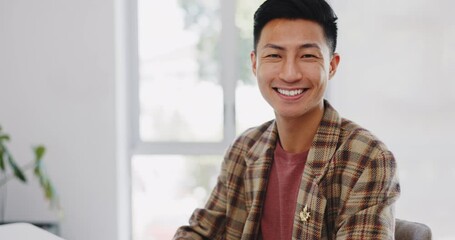 Web design, smile and face of an Asian man on a computer for information technology, website and coding. Happy, designer and portrait of a programmer working on a desktop app on a pc for work