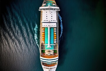 Wall Mural - Cruise liner on sea waves top view. AI