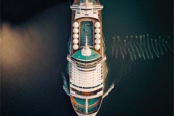 Wall Mural - Cruise liner on sea waves top view. AI