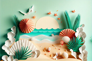 Wall Mural - Abstract paper art of summer seascape with sea water splash and beach accessories on the beach