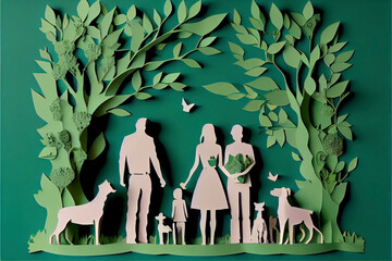 Wall Mural - Paper art of family and pets on green background