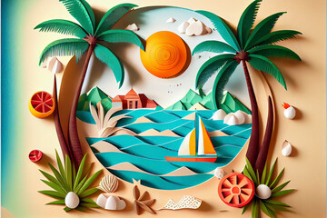 Sticker - Abstract paper art of summer seascape with sea water splash and beach accessories on the beach