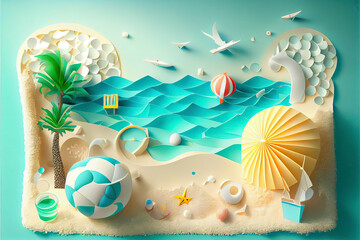 Wall Mural - Abstract paper art of summer seascape with sea water splash and beach accessories on the beach