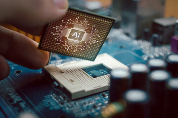 technology and people concept man use ai to help work, ai learning and artificial intelligence conce