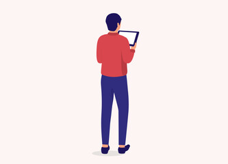 Back View Of A Man Holding A Digital Tablet. Full Length. Flat Design Style, Character, Cartoon.