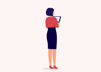 Back View Of A Businesswoman Holding A Digital Tablet. Full Length. Flat Design Style, Character, Cartoon.