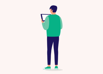 Back View Of A Young Man Holding A Digital Tablet. Full Length. Flat Design Style, Character, Cartoon.