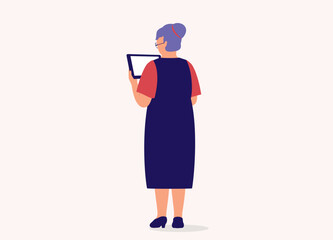 Back View Of A Senior Woman Holding A Digital Tablet. Full Length. Flat Design Style, Character, Cartoon.