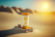 Sunscreen tube 30 SPF on the beach with strong sun during summer, skin protection cream for UV rays, generative AI illustration.