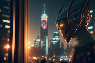 Wall Mural - alien creature with city buildings background at night. extraterrestrial life concept, ai generated 
