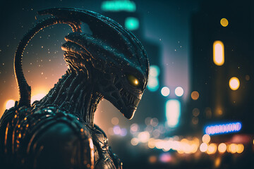 Wall Mural - extraterrestrial creature with dark night city in the background. alien from sci-fi, future technolo