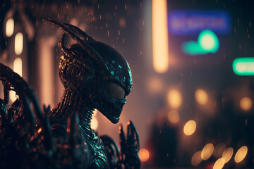 Wall Mural - dark night city with alien creature, futuristic invaders. ai generated illustration.