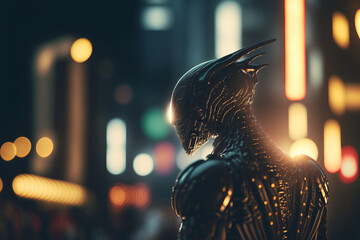 Wall Mural - alien extraterrestrial creature, with city background. ai generated illustration.
