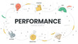 Performance Management diagram infographic template has 6 steps to analyse such as Vision, Strategy, Objectives, CSFs, KPIs and Actions. Business and marketing visual slide presentation vector.