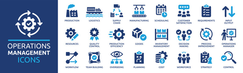 operations management icon set. containing production, logistics, supply chain, manufacturing, plann