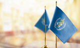 Fototapeta Boho - Small flags of the World Health Organization WHO on an abstract blurry background