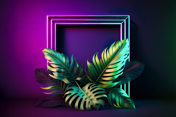 Cyberpunk minimal futuristic podium and product pedestal with neon retro square frame. Cyber purple lights, tropical palm leaves. 3D Illustration. Generative AI.