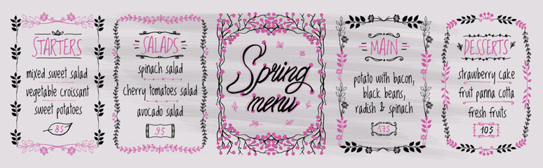 Wall Mural - Spring menu set board - starters, salads, main and desserts, vector illustration