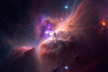 Fototapete - Large view of a colorful dark nebula in space. Cosmic background with bright shining stars, galaxies and deep universe. Generative ai