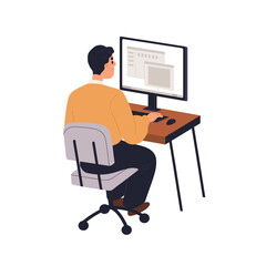 Wall Mural - Employee works at computer desk. Office worker sitting in chair, working at desktop at table. Business man at workplace, PC screen, display. Flat vector illustration isolated on white background