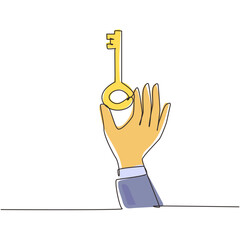 Poster - Continuous one line drawing hand holding vintage key. Key takeaways design. Hand with an old key. Retro style unlock icon. Classic engraving stylized drawing. Single line draw design vector graphic