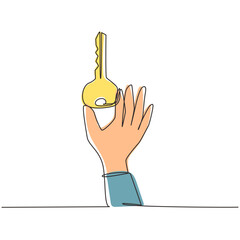 Poster - Single continuous line drawing hand holding modern key to unlock door. Hand holds key. Find the key to solve problems, opportunity, business solution. One line draw graphic design vector illustration