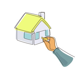 Poster - single one line drawing insert key into keyhole house. open the doors. real estate concept, template