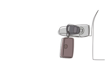 Poster - Continuous one line drawing car keys were plugged into car door. Sale, lease and purchase of cars. Auto rental concept. Suitable for vehicle business. Single line design vector graphic illustration