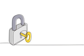 Poster - Single continuous line drawing key and lock. Security padlock, locked and unlocked. Safety lock with key icon. Success, solution, opportunity and safety concept. One line draw graphic design vector