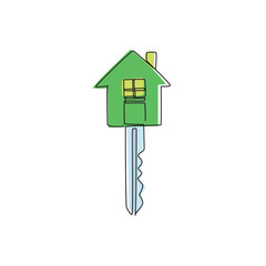 Poster - single continuous line drawing black flat style key and house icon shape. elegant key house logo des