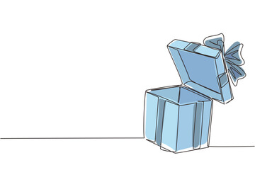 Poster - single one line drawing open white gift box with ribbon and bow. greeting present package. decorativ