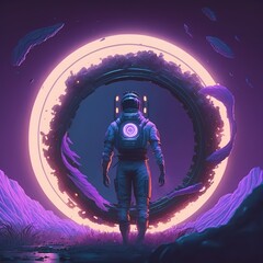 Poster - Astronaut with protective suit standing near portal AI