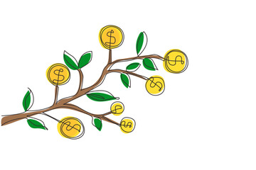 Wall Mural - Continuous one line drawing dollar symbol hanging from tree branch. Money tree. Green cash banknotes with golden coins. Concept for return money investment. Single line draw design vector illustration
